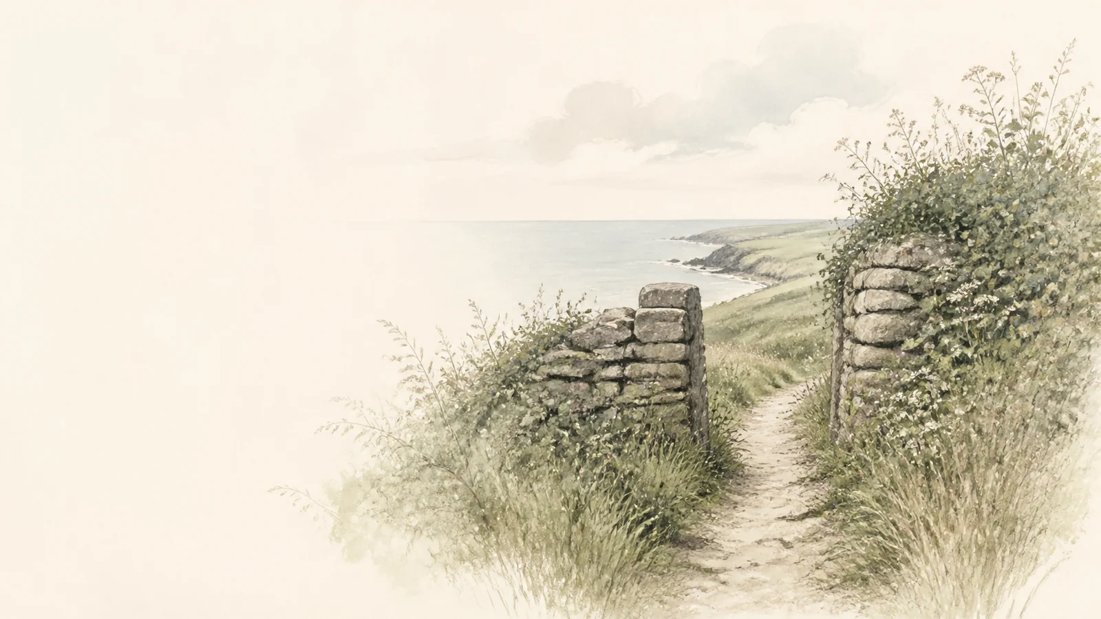 A clear coastal path through a gap in a stone hedge.