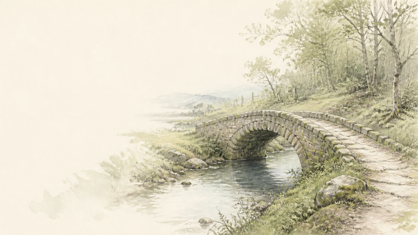A small worn stone footbridge joining two banks of a woodland stream.