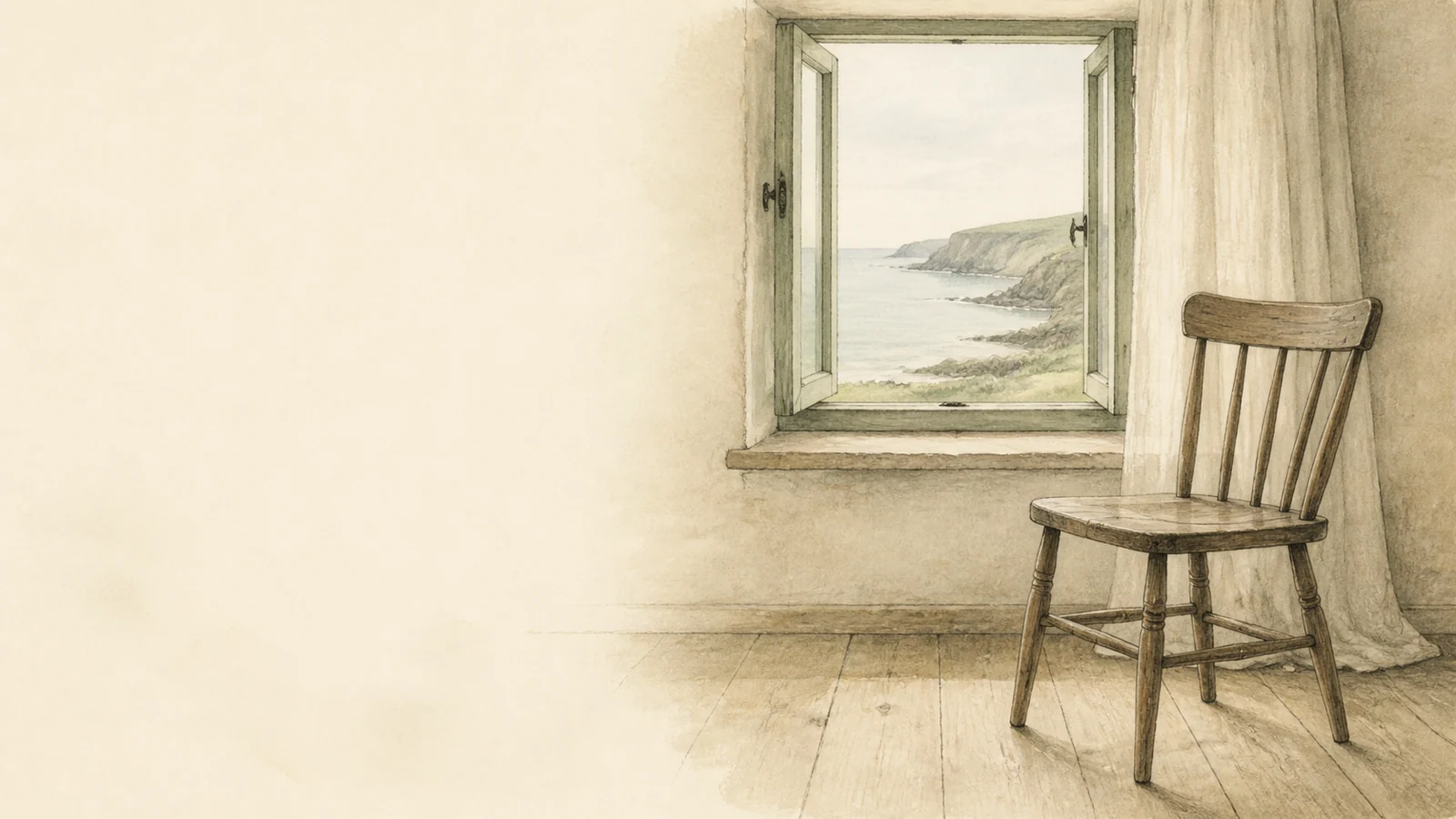 A plain wooden chair beside an open cottage window.