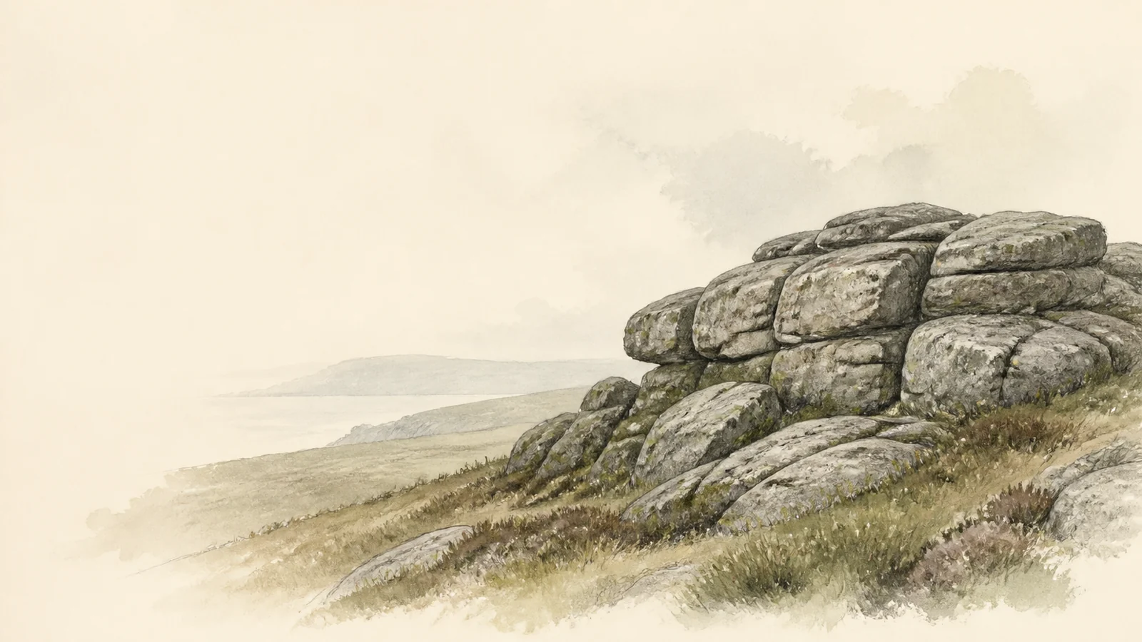 A weathered granite tor rooted in quiet Cornish moorland.