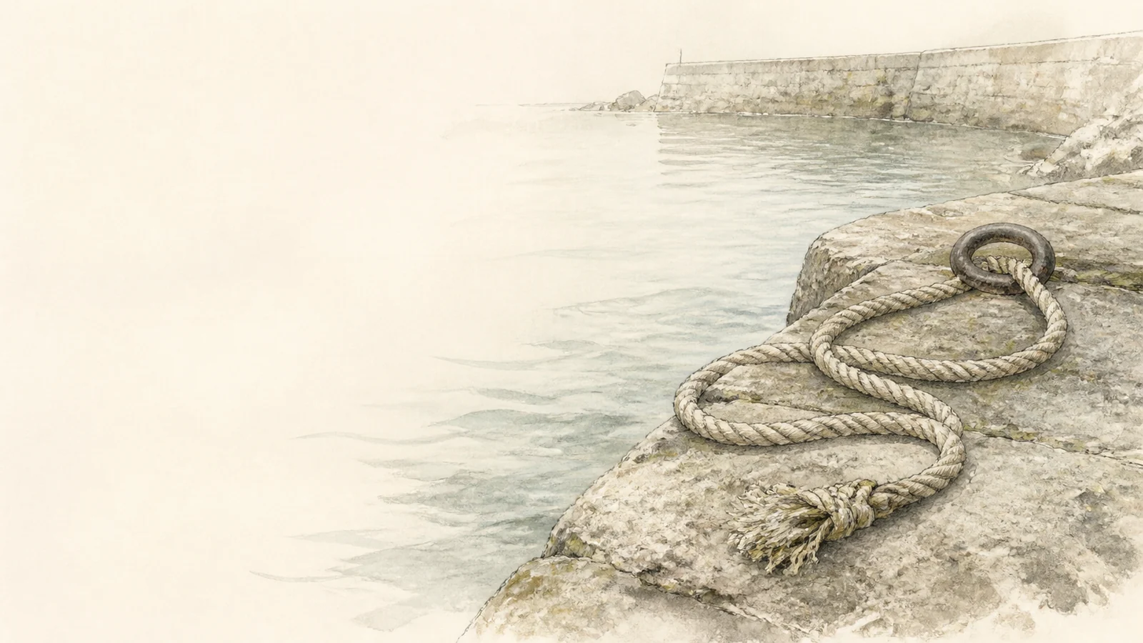 A loosely uncoiled rope resting beside a mooring ring on a granite quay.