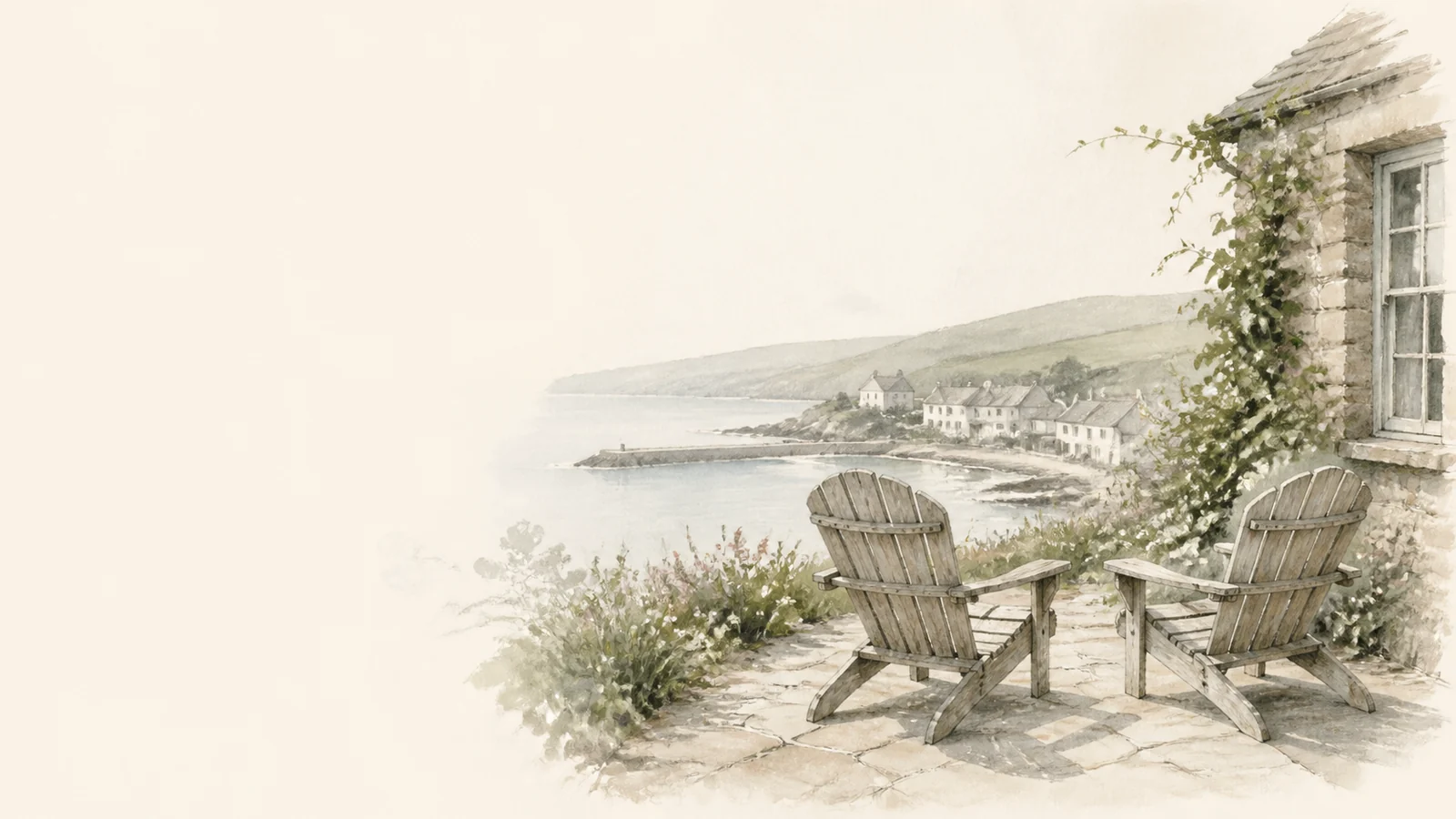 Two wooden chairs turned toward each other above a quiet harbour.