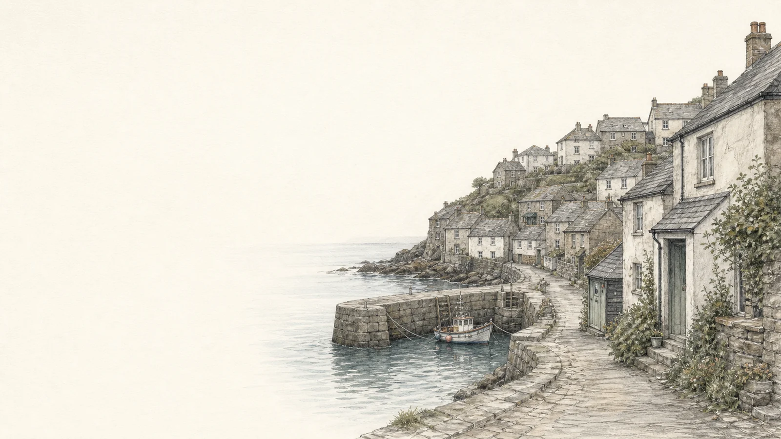 A winding street through a Cornish harbour town toward the quay.