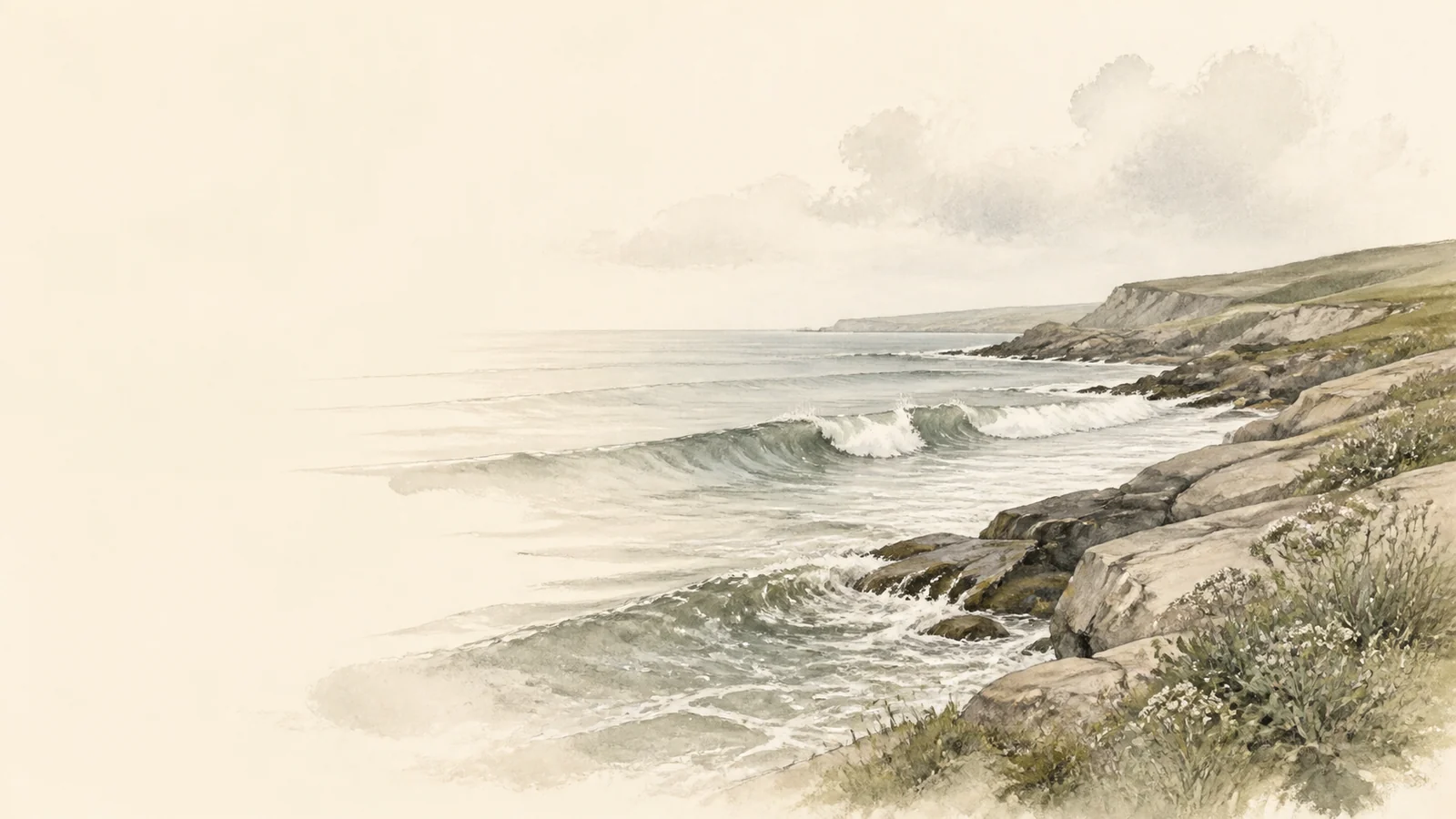 Atlantic waves changing shape as they approach a rocky Cornish shore.